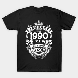 January 1990 34 Years Of Being Awesome 34th Birthday T-Shirt